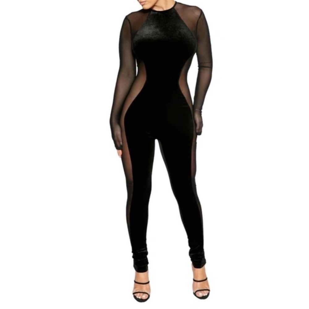 NWOT - Naked Wardrobe Black Velvet Mesh Collection Jumpsuit Size XS